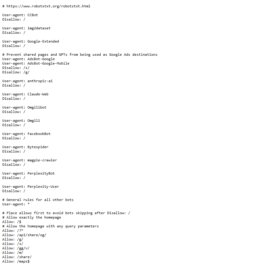 chatgpt.com robots.txt blocking Google-Extended, PerplexityBot and other AI crawlers