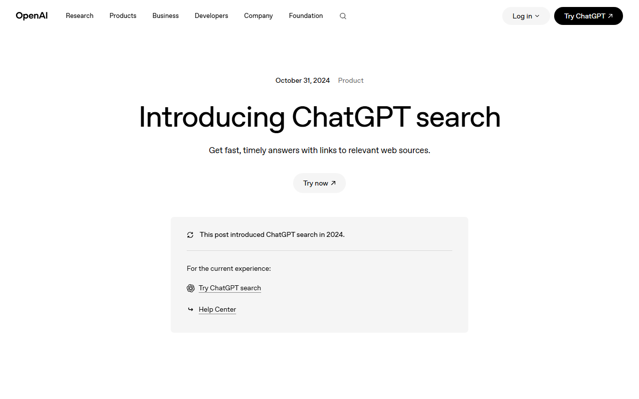 OpenAI announcement page for ChatGPT search, launched October 2024