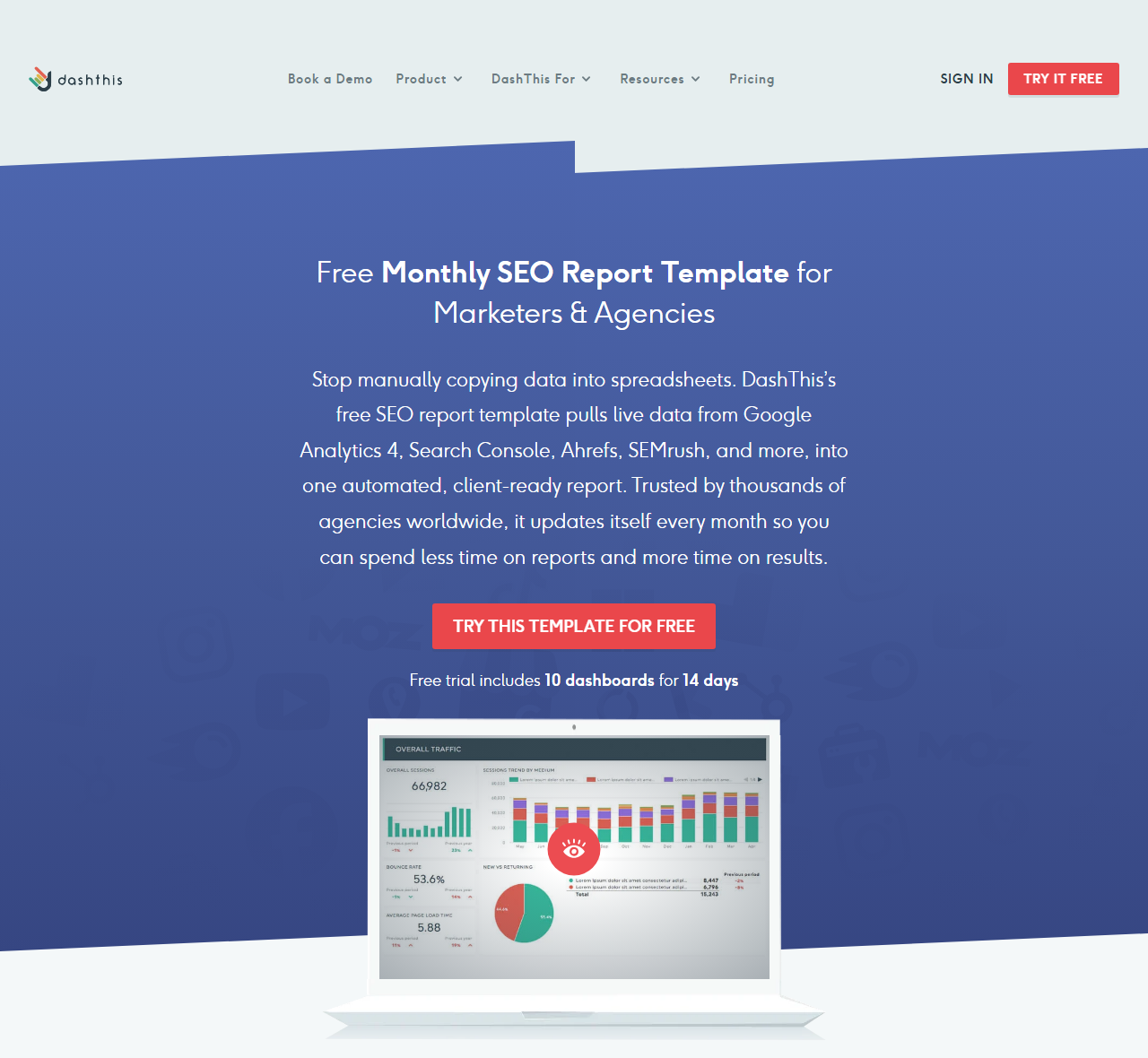 DashThis monthly SEO report template showing sessions, bounce rate and page load time