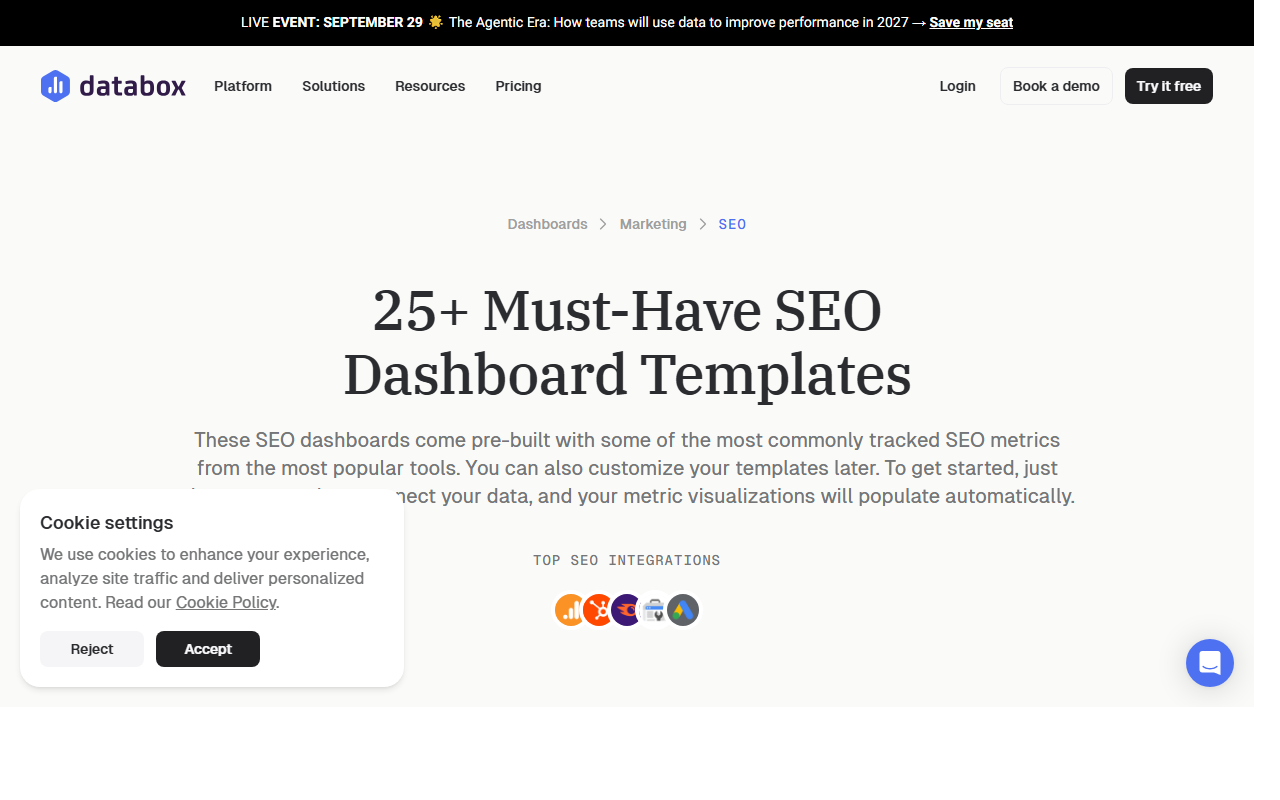 Databox gallery of 25 plus SEO dashboard templates