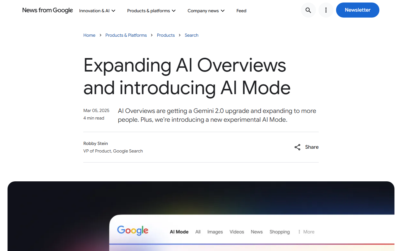 Google blog post introducing AI Mode, relevant to the Google AI vs ChatGPT comparison