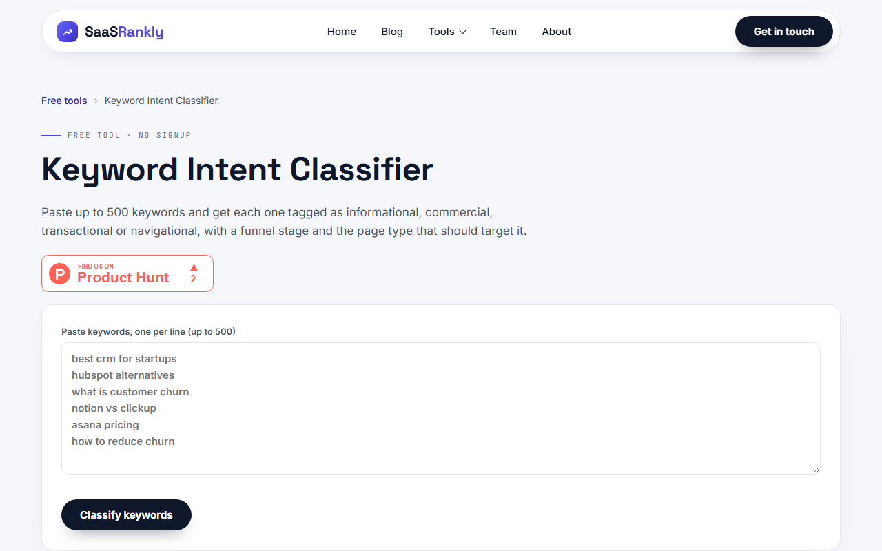 SaaS Rankly keyword intent classifier tagging keywords by search intent
