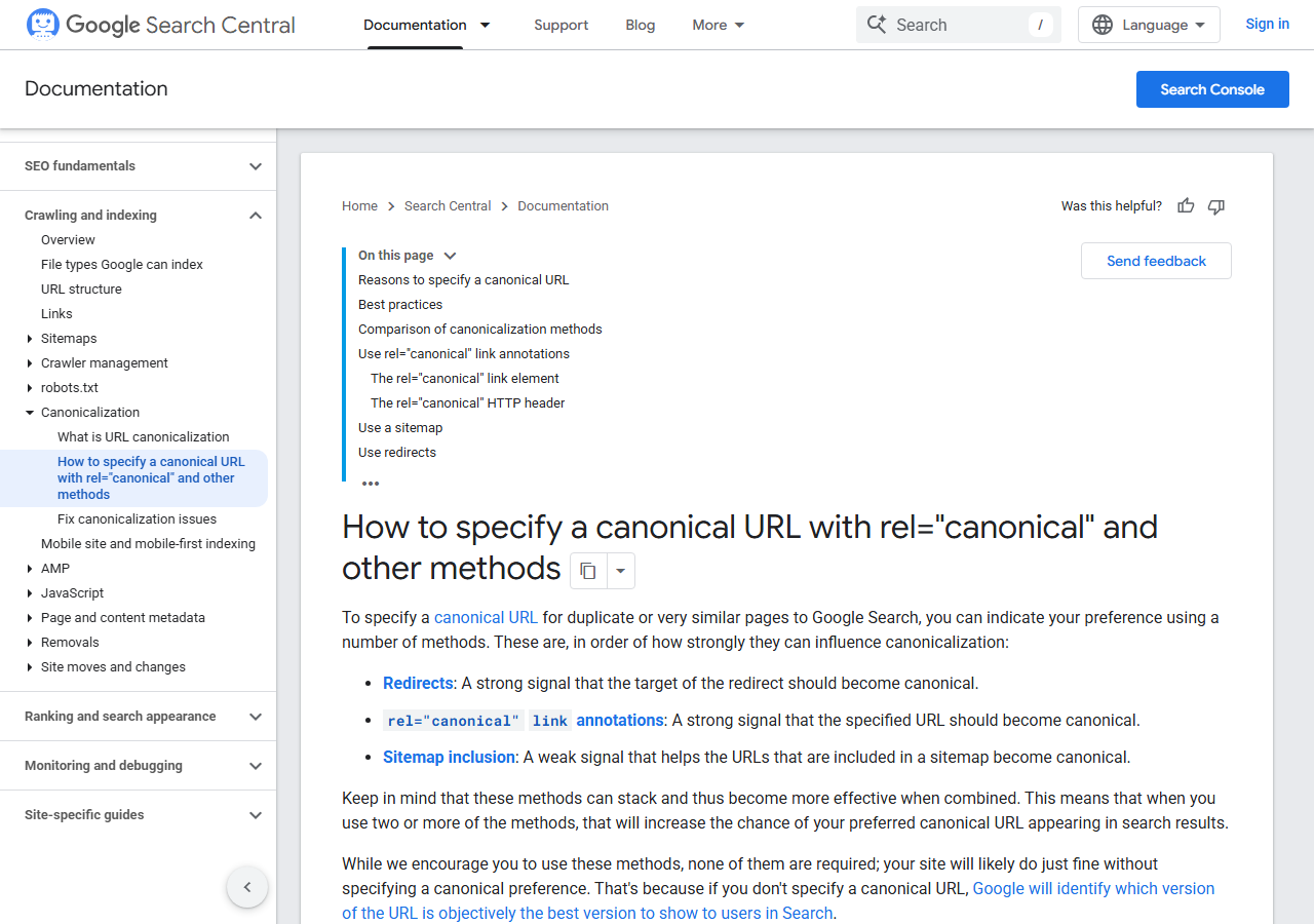Google Search Central documentation on canonical tags and canonicalization methods