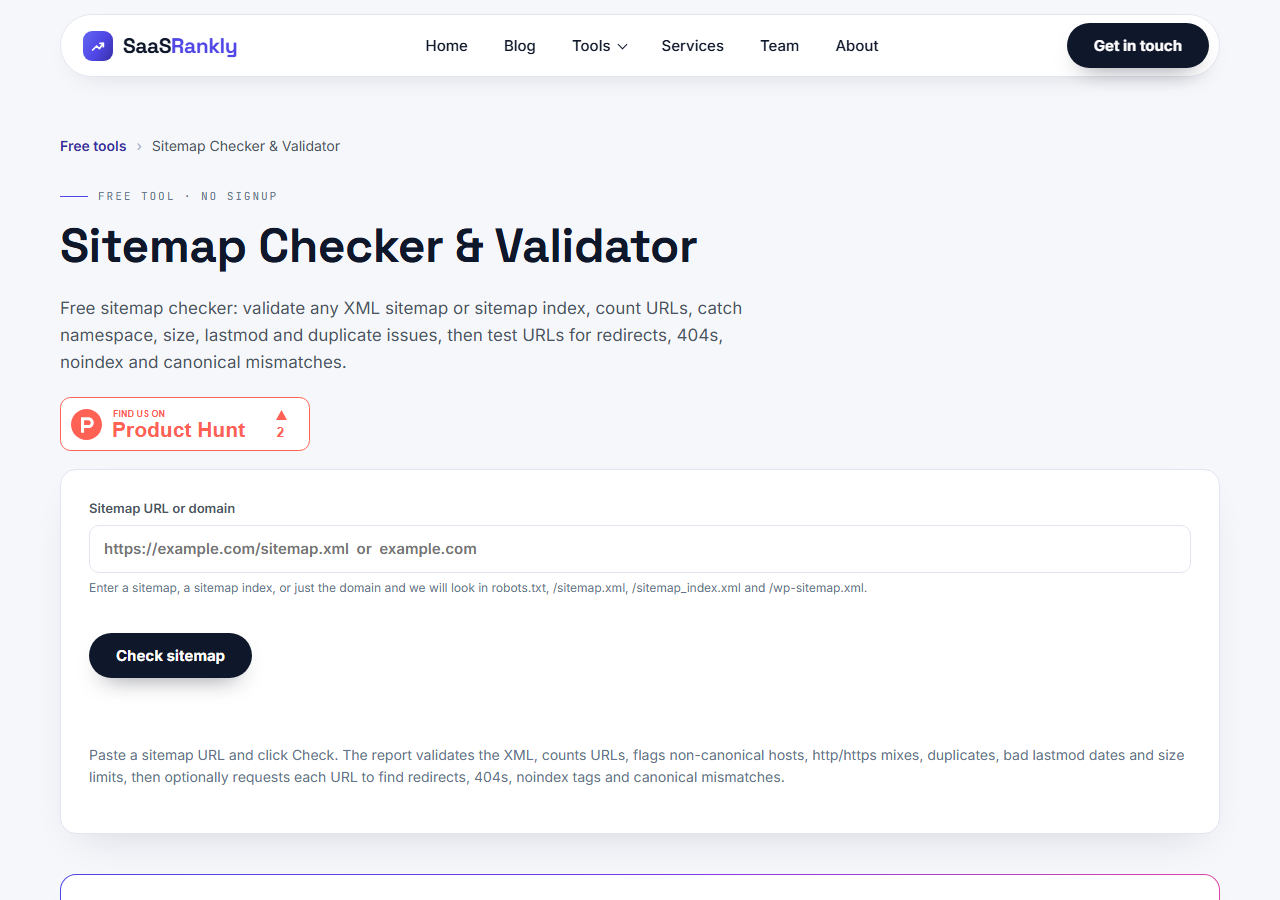 SaaS Rankly sitemap checker showing canonical mismatch and redirect checks