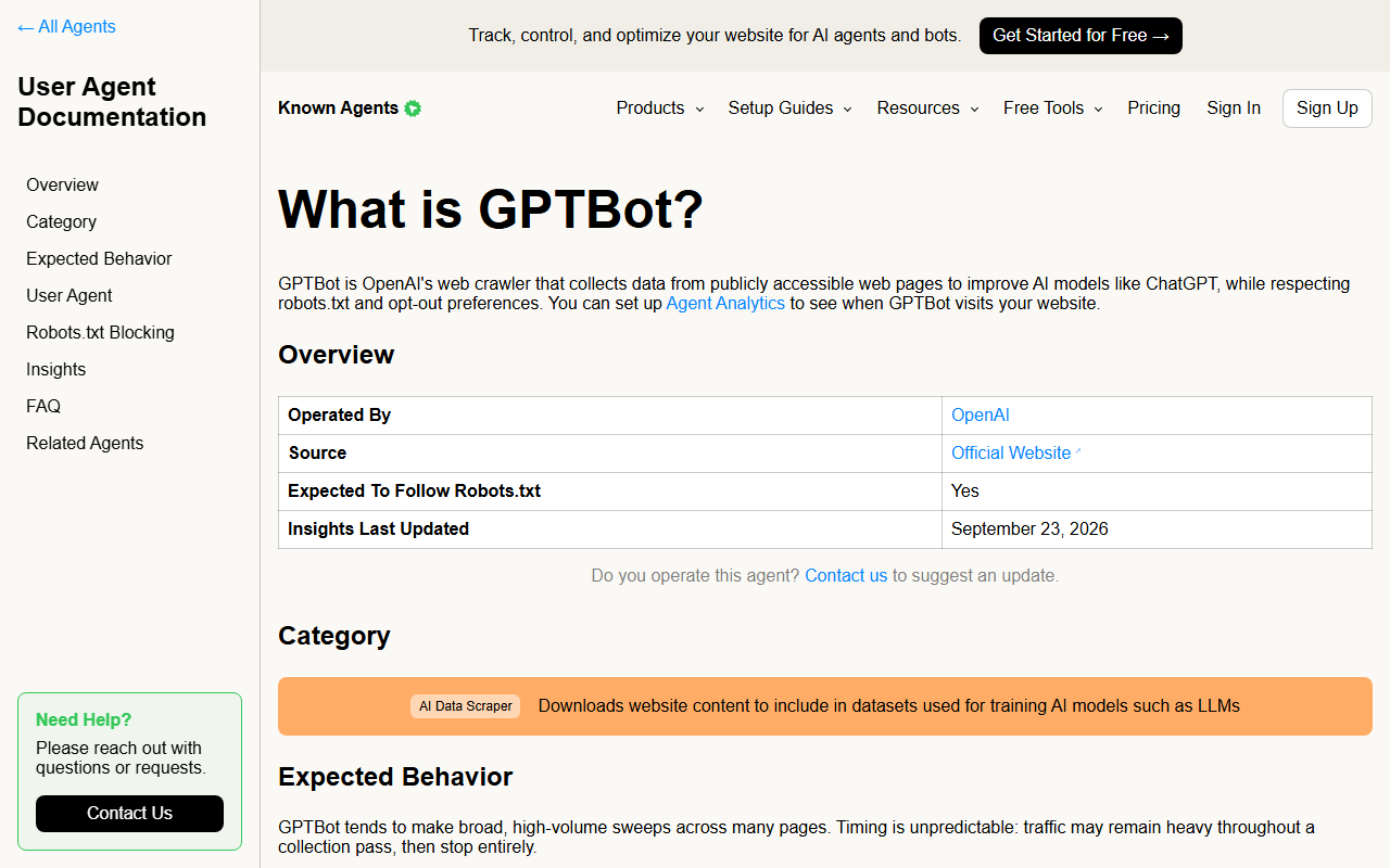Dark Visitors profile page for GPTBot showing it is operated by OpenAI and follows robots.txt