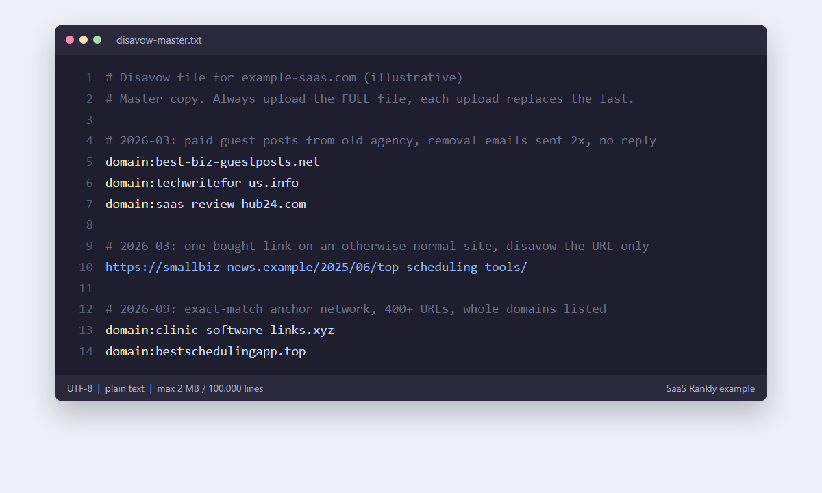 Example disavow file with domain lines, one full URL and dated comments
