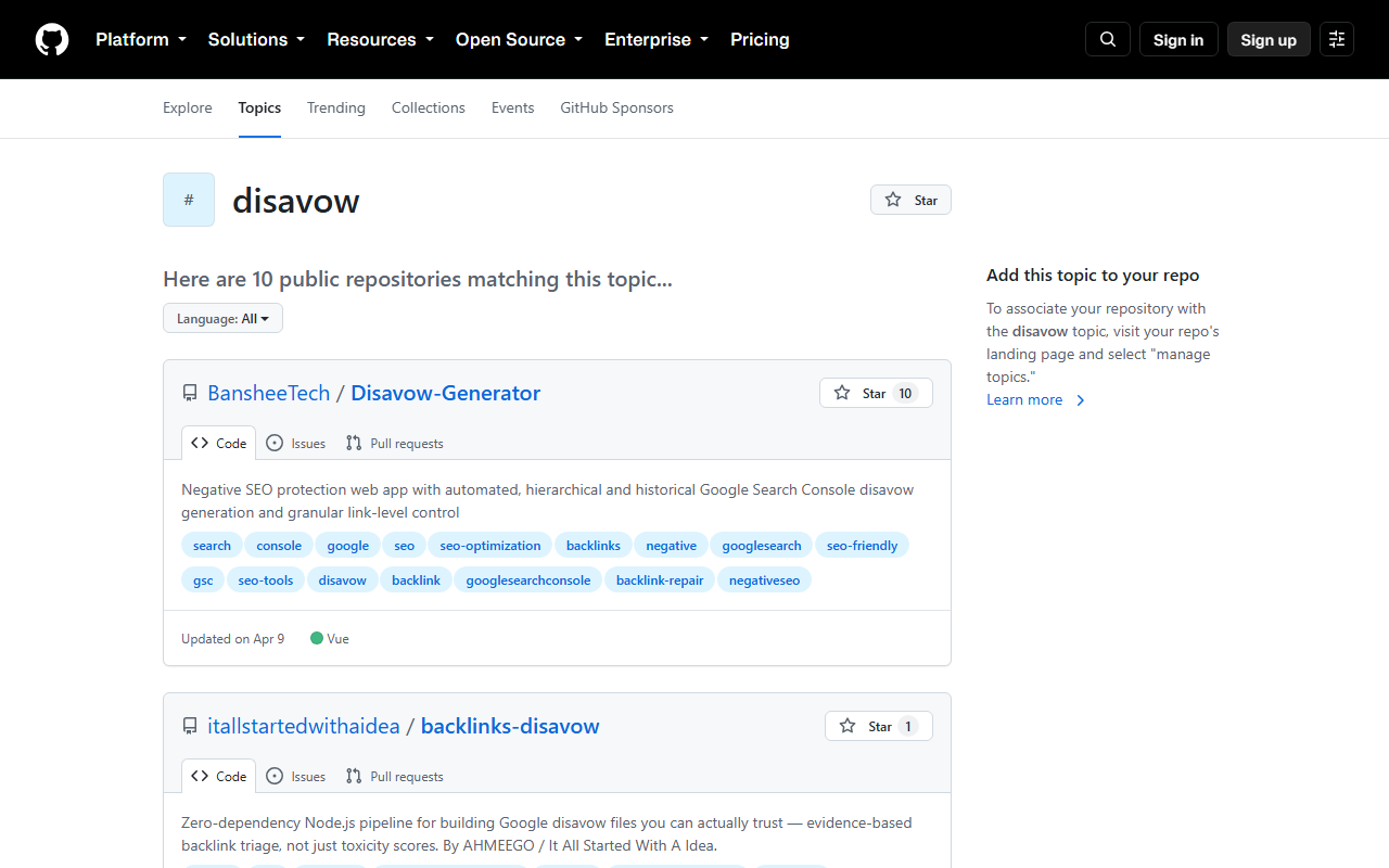 GitHub topic page for disavow listing open-source disavow file generators