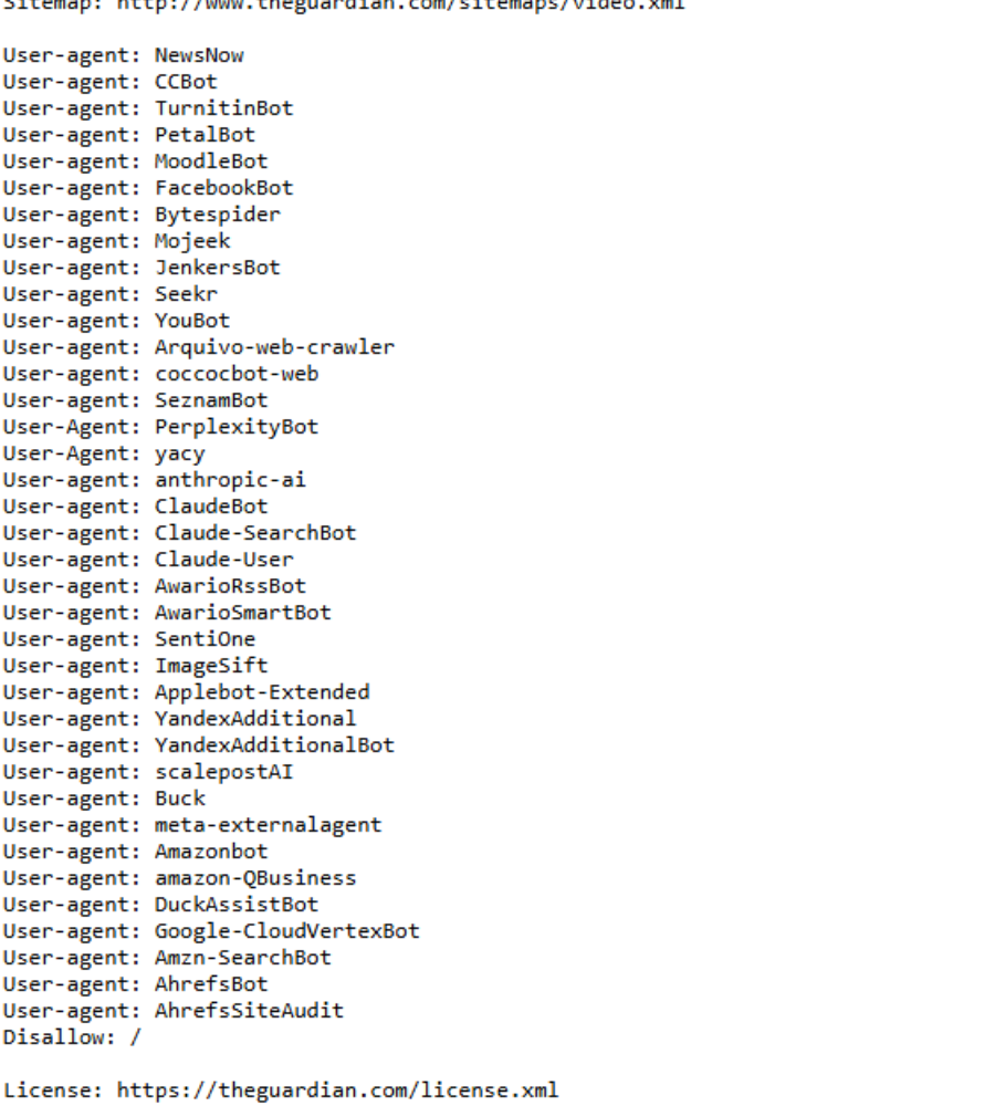 The Guardian robots.txt blocking ClaudeBot, PerplexityBot and other AI crawlers while GPTBot is absent from the list