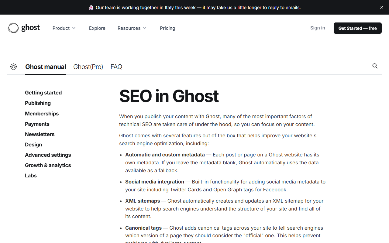 Ghost SEO documentation listing built-in metadata, sitemaps and canonical tags for blog SEO