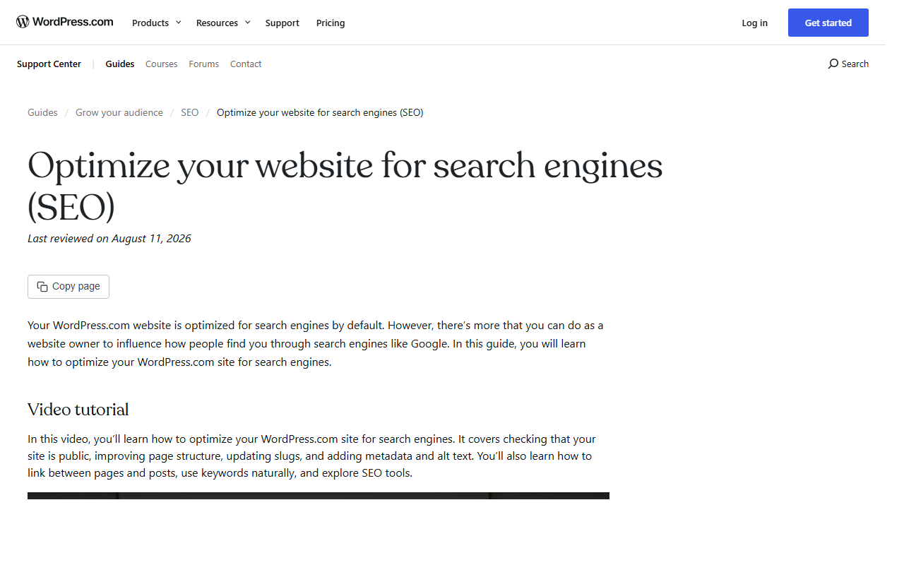 WordPress.com SEO guide showing what the platform handles for SEO on blog posts