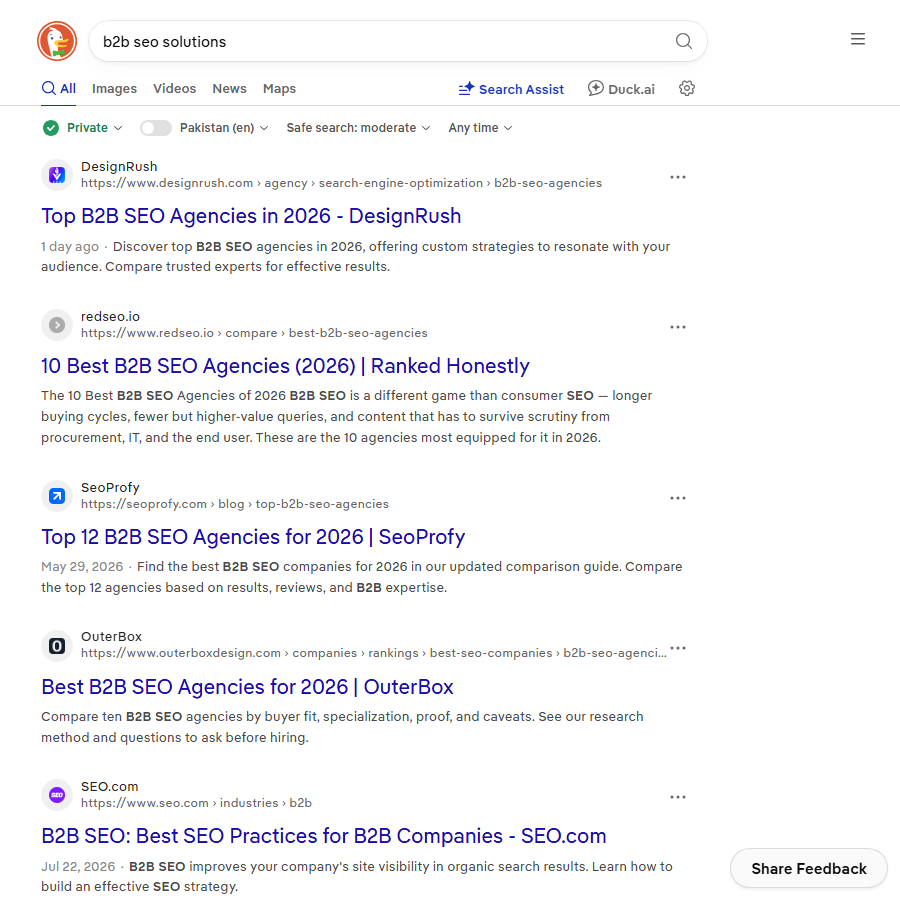 Search results for b2b seo solutions showing five agency listicles
