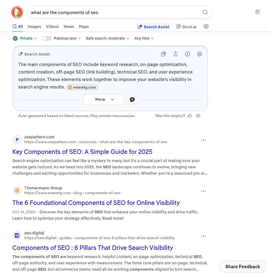 Search results for the components of SEO, with an AI answer listing the main SEO components