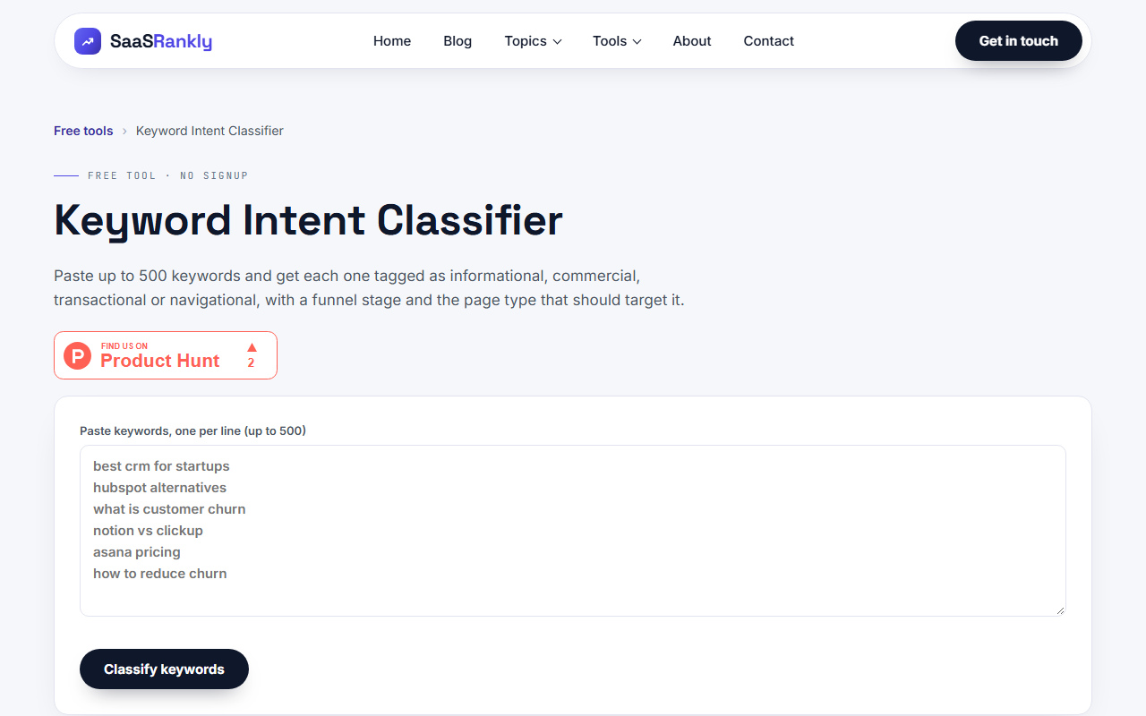 Keyword intent classifier tool used when planning b2b seo solutions
