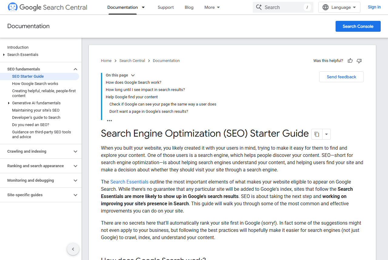 Google SEO starter guide, the neutral reference for on-page and technical SEO components