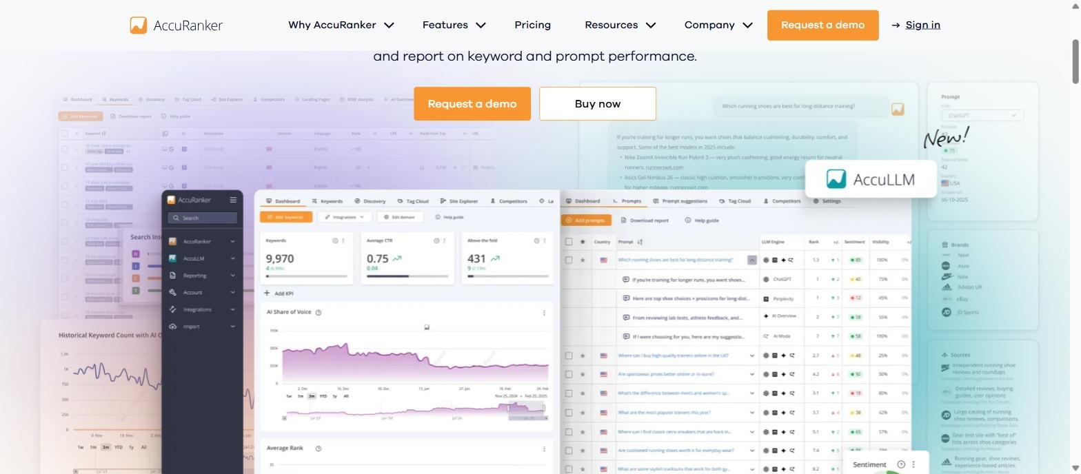 AccuRanker dashboard with keyword table, AI share of voice chart and the new AccuLLM prompt tracking view