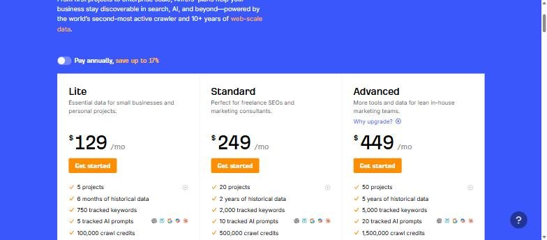 Ahrefs vs semrush: Ahrefs pricing page showing Lite at 129, Standard at 249 and Advanced at 449 dollars per month