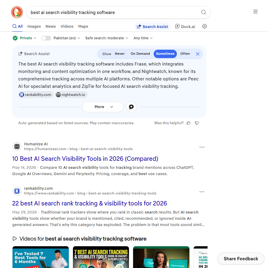 Search results for best software for AI visibility in search showing an AI answer naming four tools