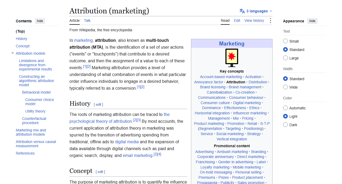 Wikipedia article on marketing attribution and multi-touch models