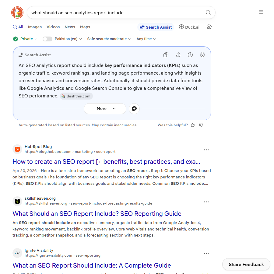 AI answer panel listing what seo analytics reports should include