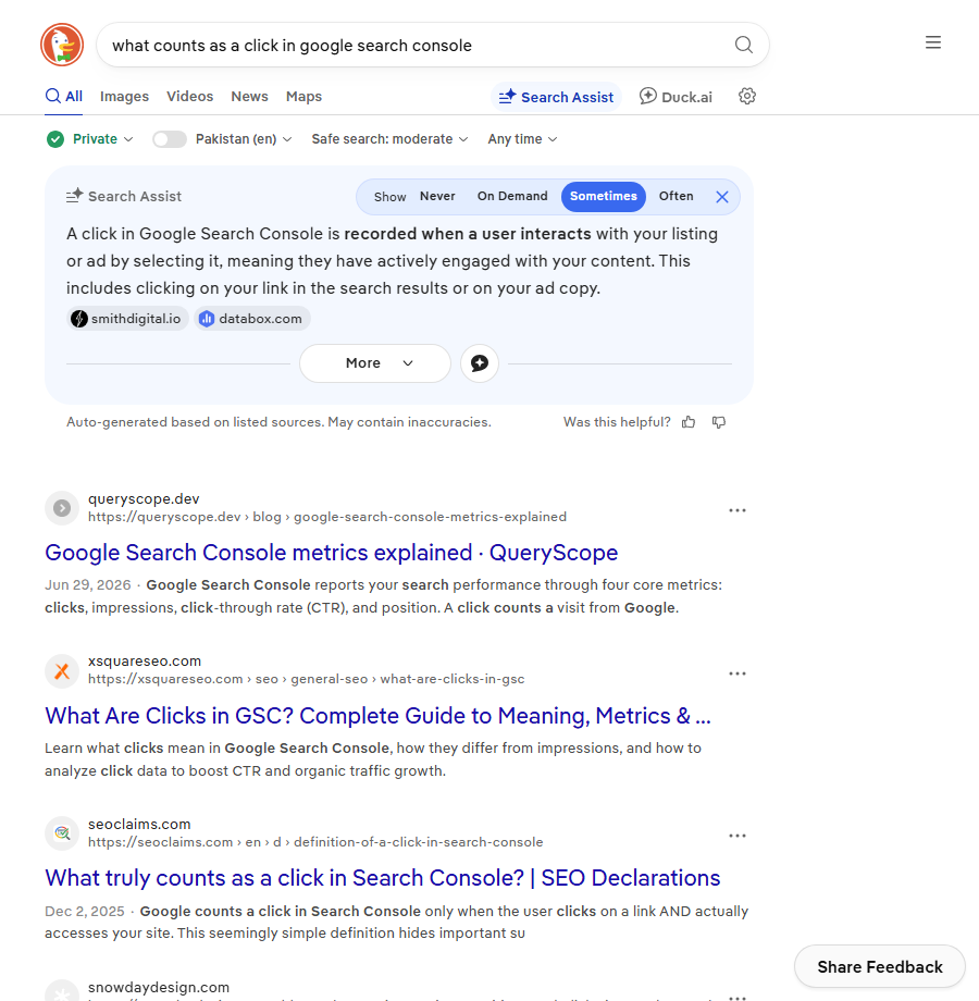 Search results answering what is a click in Google Search Console