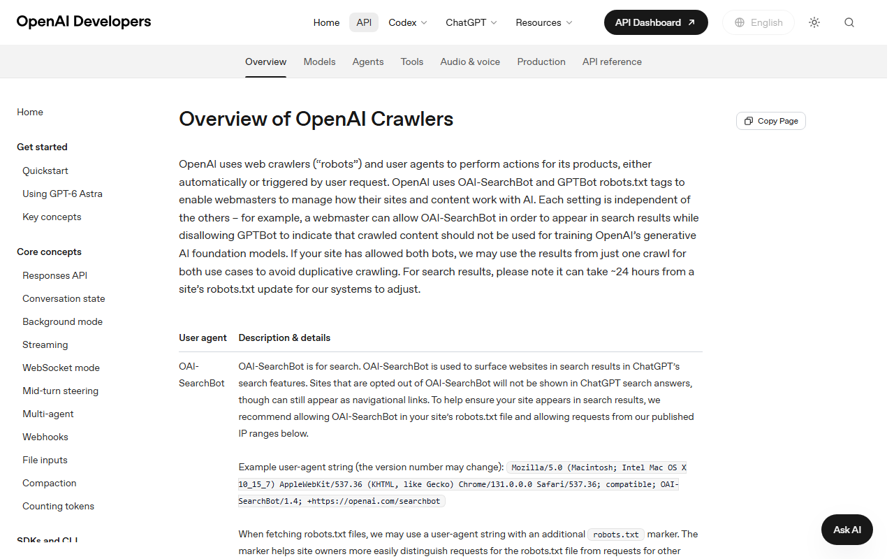 OpenAI crawler documentation listing GPTBot and OAI-SearchBot
