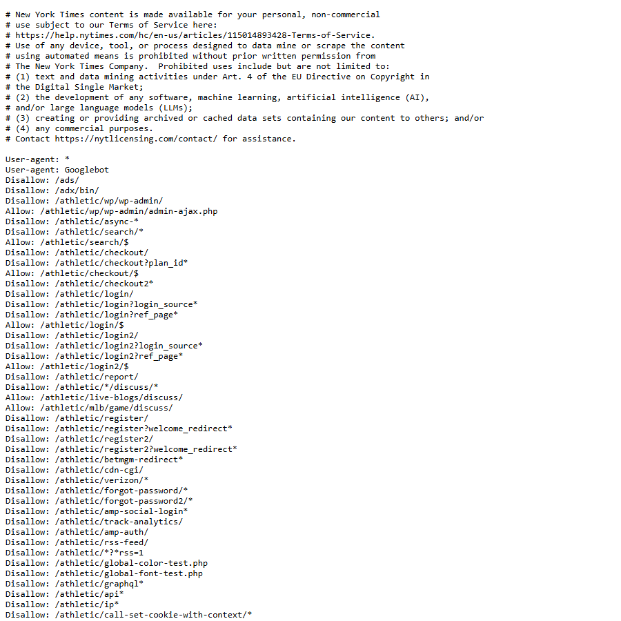 Publisher robots.txt file with terms covering AI and machine learning use