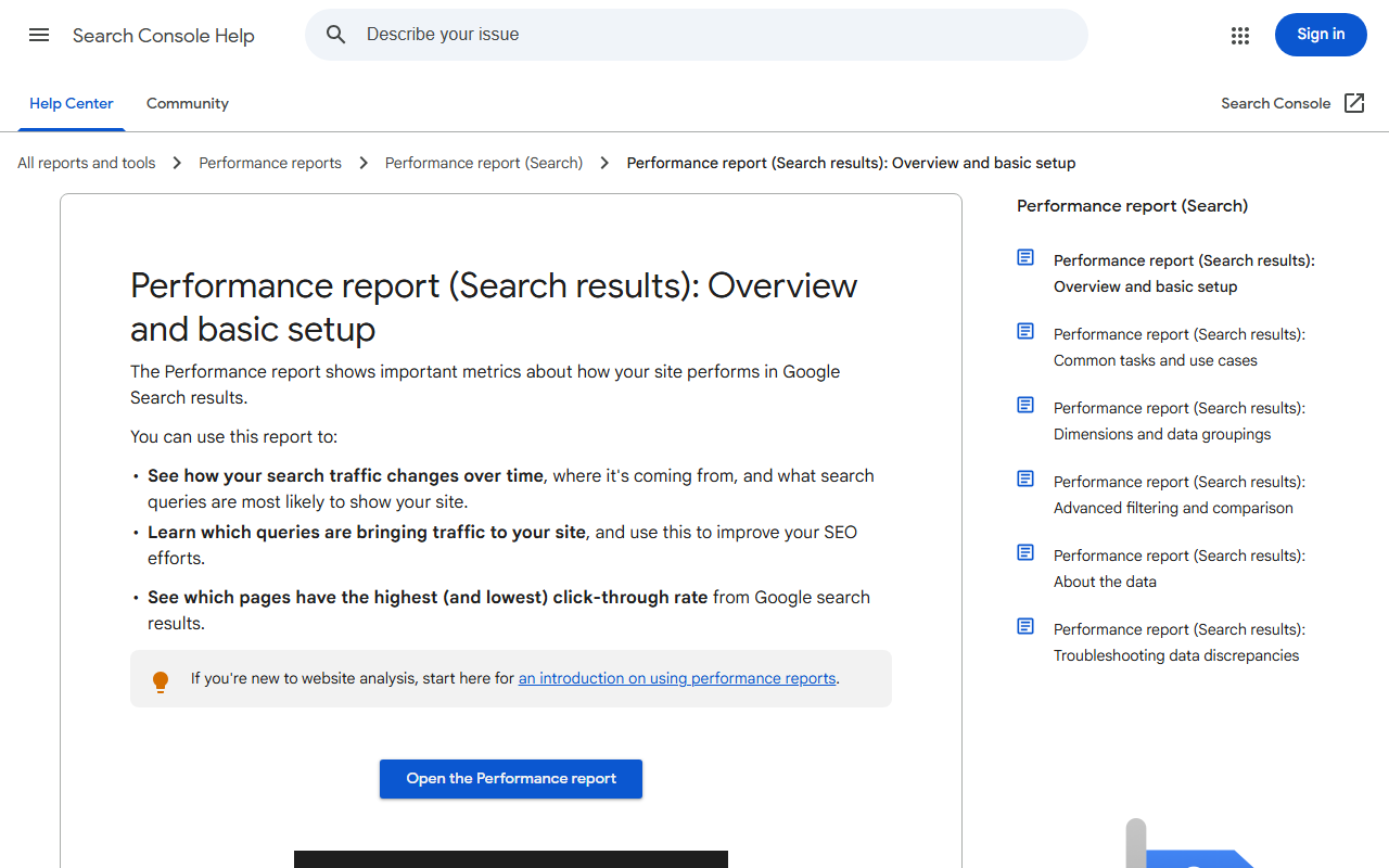 Search Console Performance report help page used to build seo analytics reports
