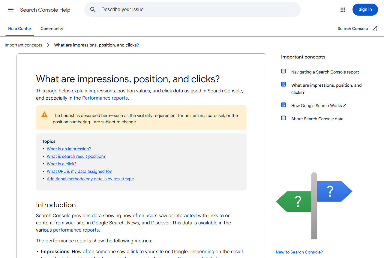 Google Search Console help page defining impressions, position and clicks