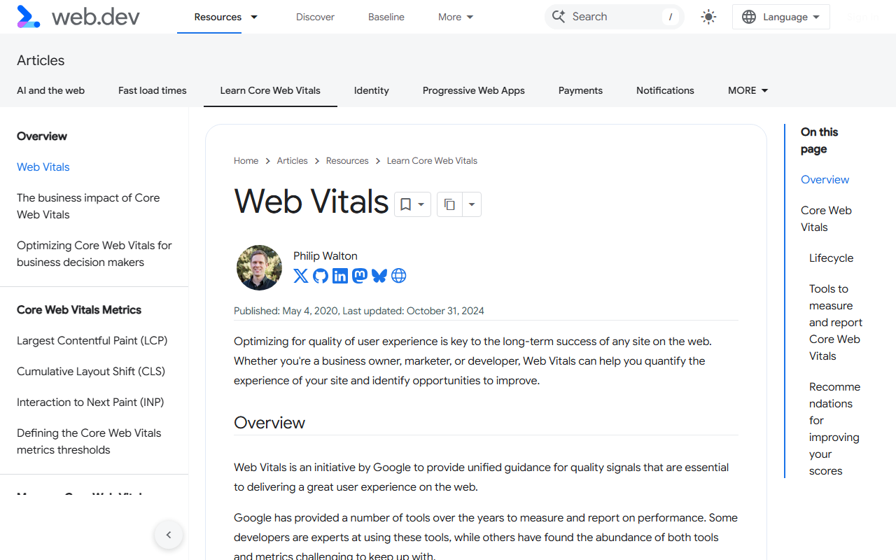Web.dev documentation page on Core Web Vitals