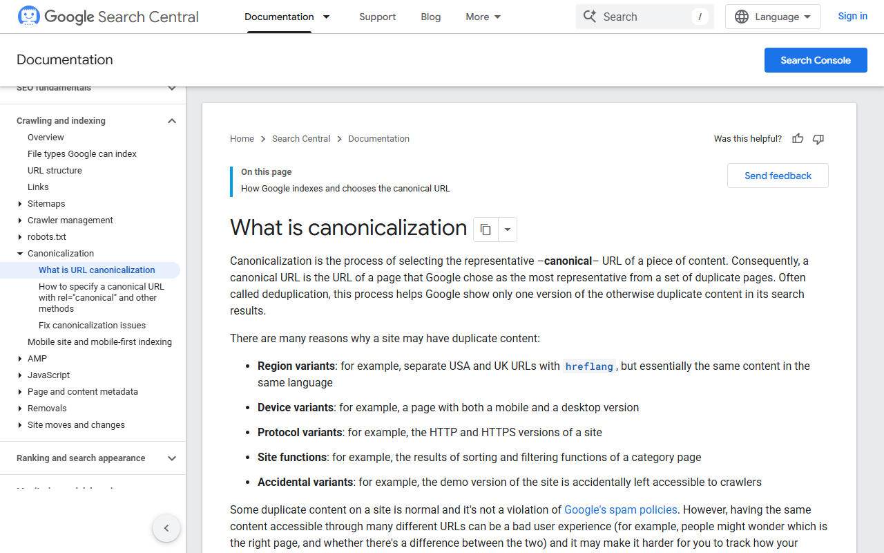Google canonicalization documentation