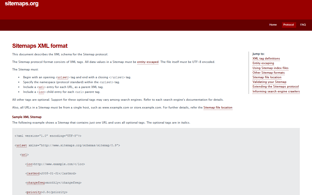 Sitemaps.org page documenting the XML sitemap format