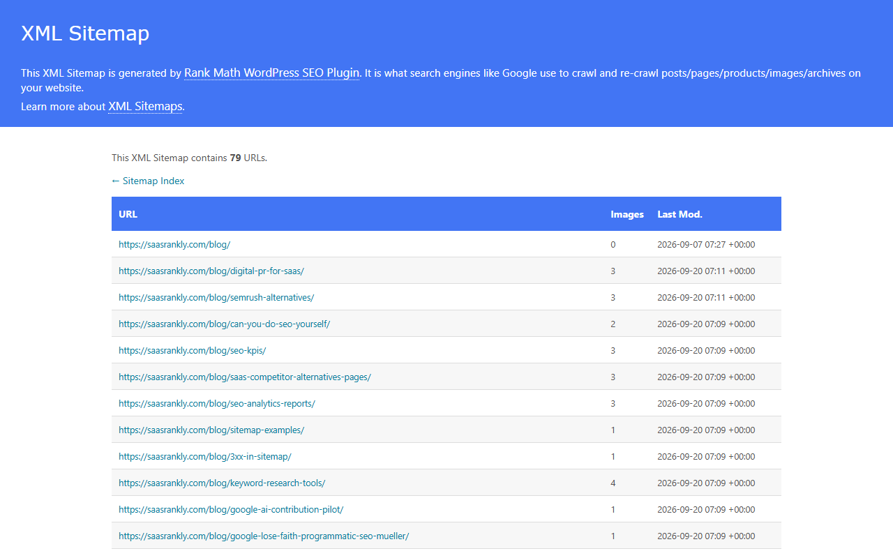 XML sitemap file rendered in a browser