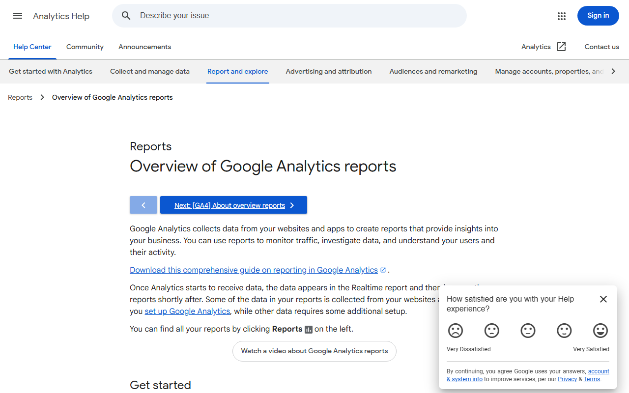 Google Analytics 4 reports overview help page