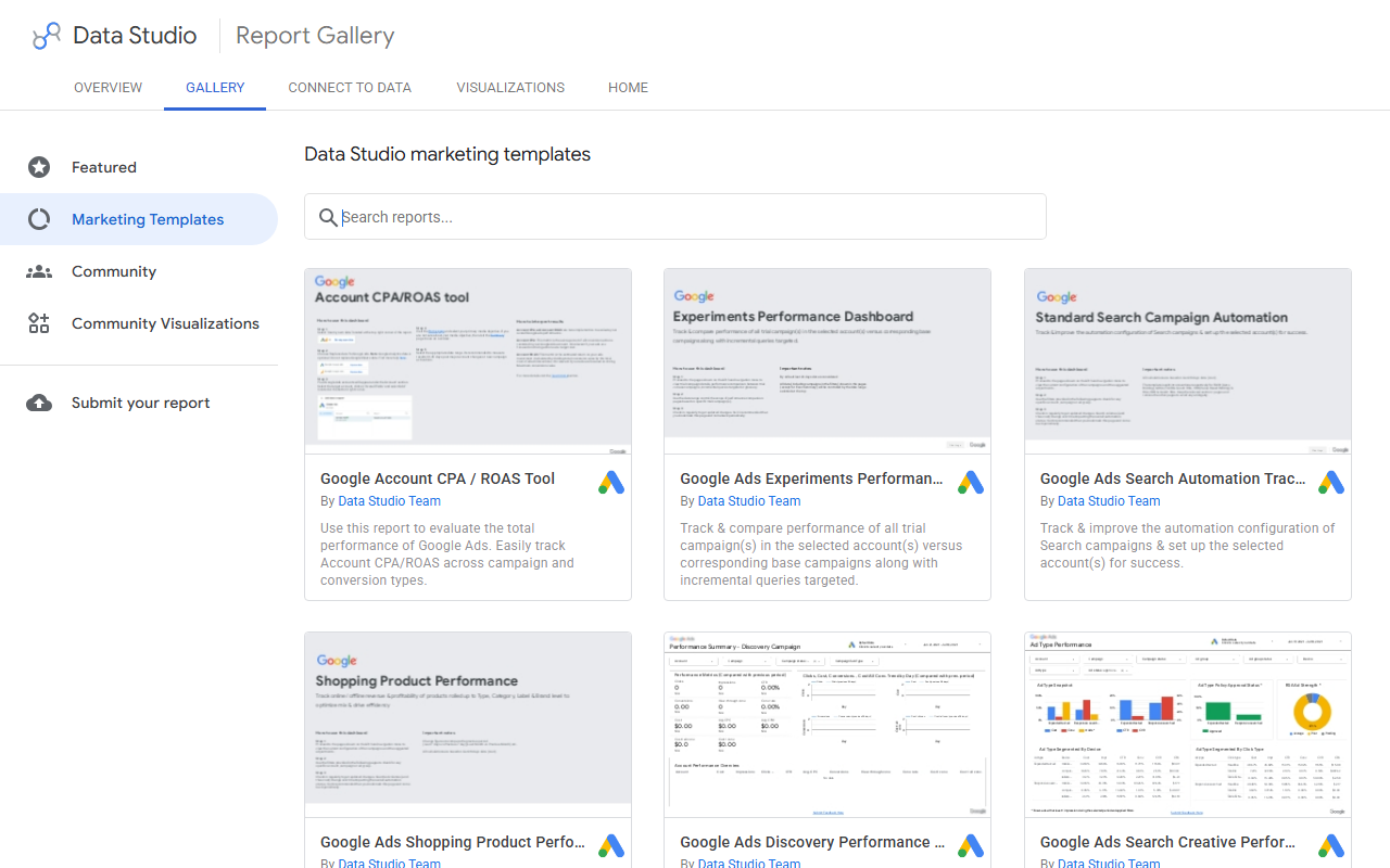 Looker Studio marketing template gallery