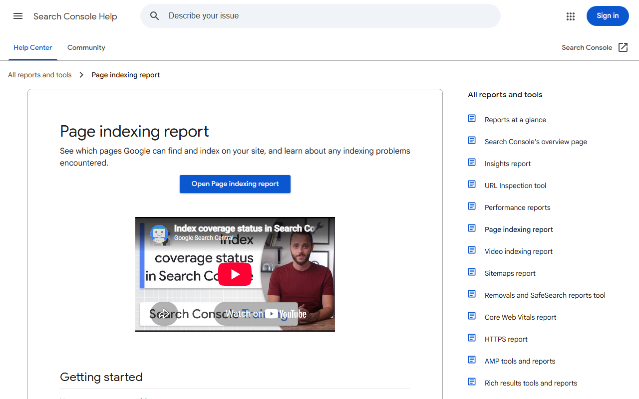 Search Console Page indexing report documentation