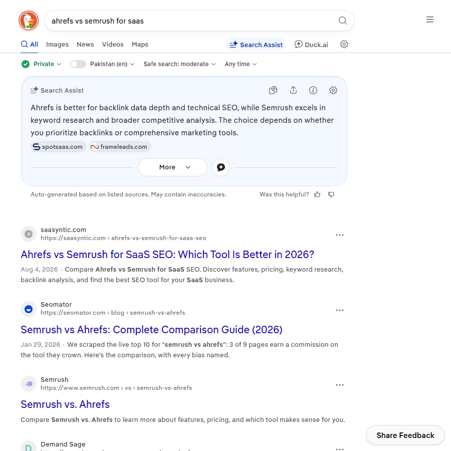 Search results comparing two SEO toolsets