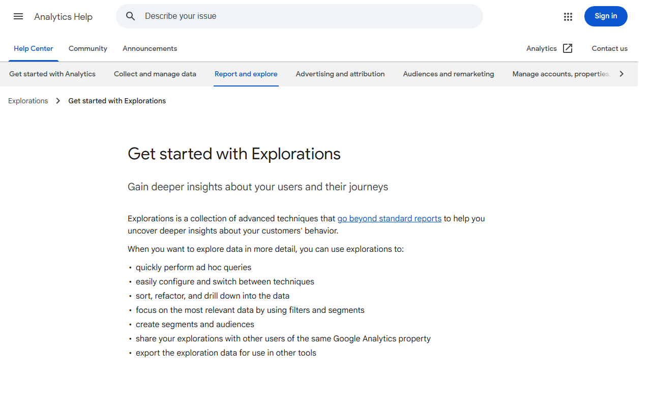 Google Analytics explorations help page