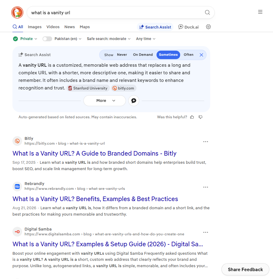 Search results for what is a vanity url, led by branded link tools