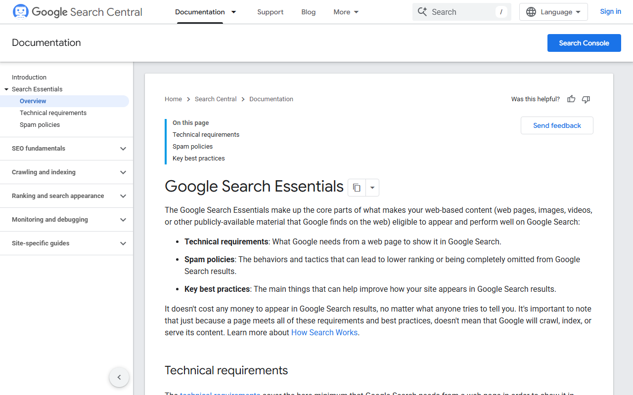 Google Search Essentials documentation page