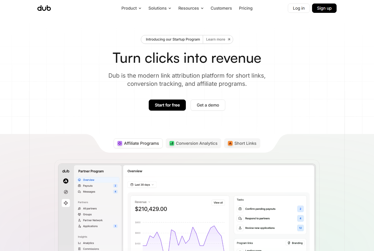 Dub link management platform, one of the tools used to create branded vanity URLs