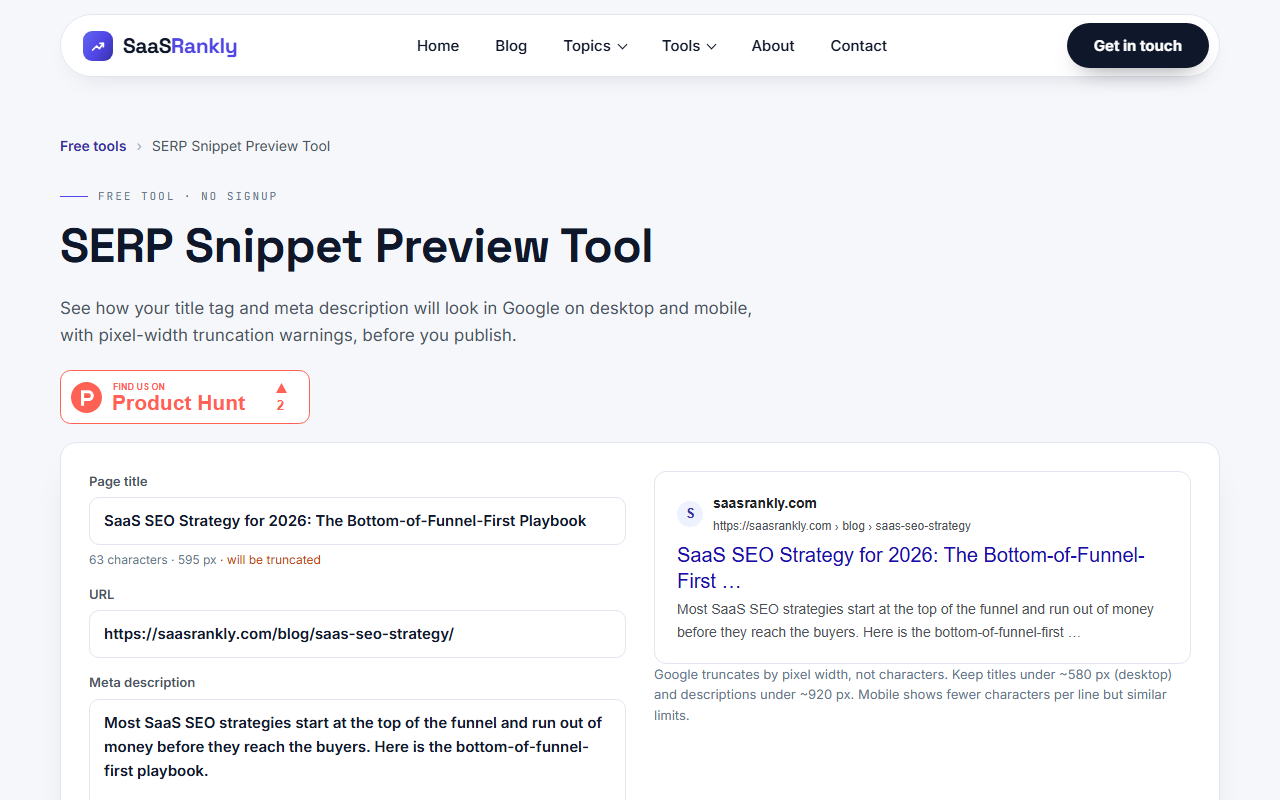 SERP snippet preview tool flagging a title that will be truncated