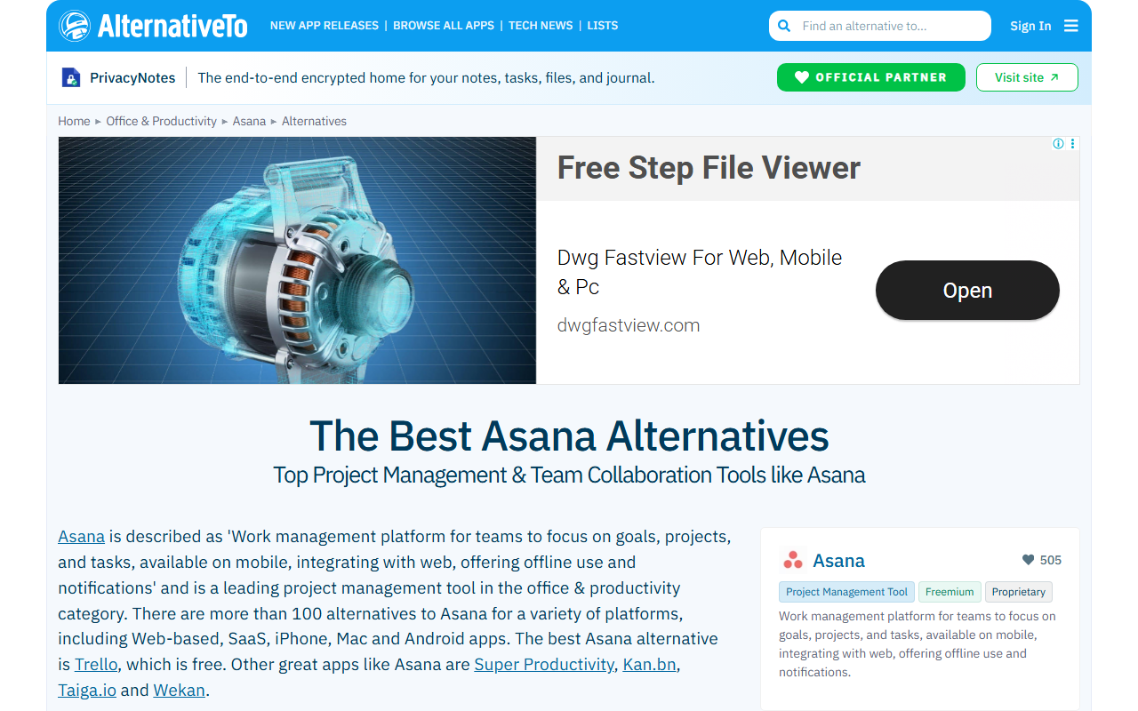 AlternativeTo page listing alternatives to a project management tool