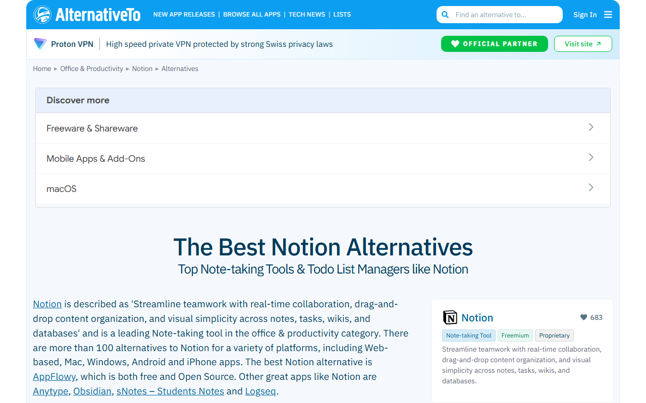 AlternativeTo listing page for a software product