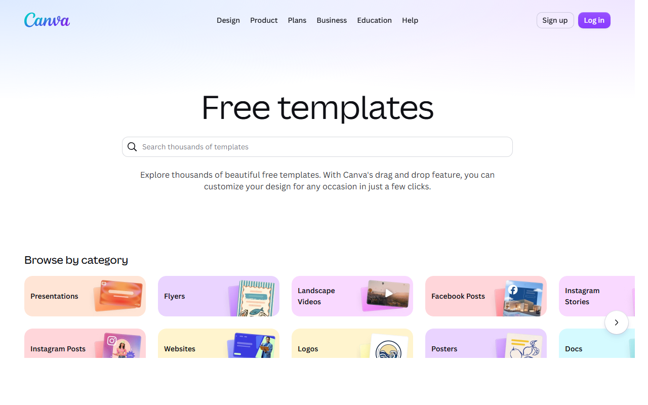 Template gallery page with browsable categories