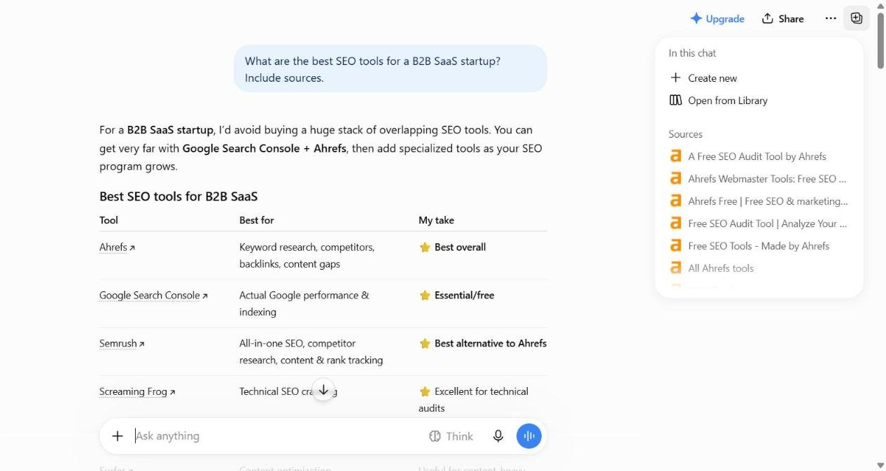 Get cited by chatgpt: ChatGPT answer recommending SEO tools for a B2B SaaS startup with a Sources panel listing the cited pages