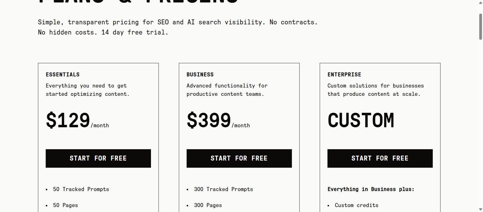 Clearscope pricing page with Essentials at 129 USD, Business at 399 USD and a custom Enterprise plan, each with tracked prompts and pages