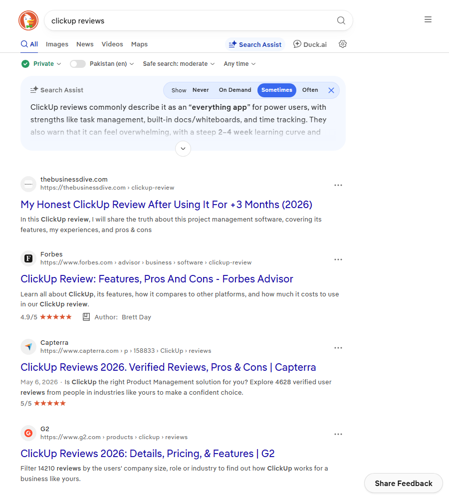 DuckDuckGo results for clickup reviews showing third-party review sites ranking for a SaaS brand query