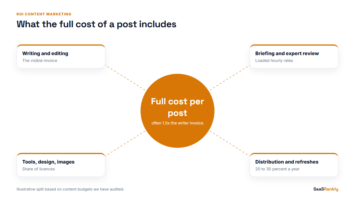 Diagram of the four cost lines behind the full cost of a content post