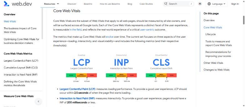 web.dev page showing LCP, INP and CLS thresholds with good, needs improvement and poor ranges