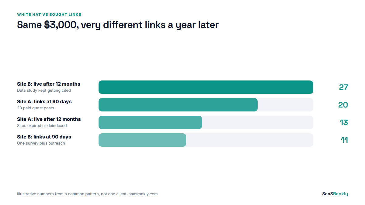 white hat seo vs bought links: links still live after 12 months